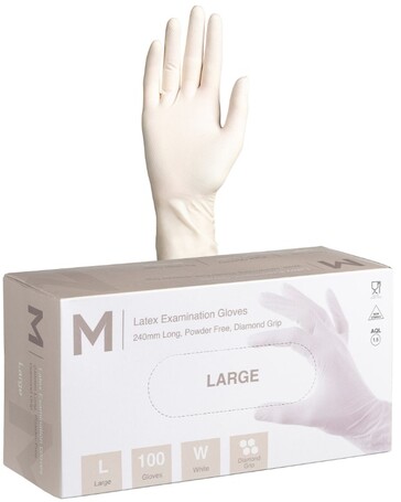 Latex Diamond Grip Examination Gloves Powder Free - White, L, 240mm Cuff, 8.0g   - Matthews